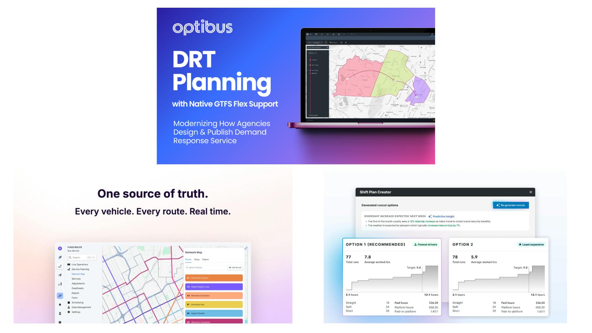A composite of three transit software platform marketing images. The top panel is from Optibus, showing a promotional graphic with a gradient blue-to-purple background featuring the Optibus logo and the text 'DRT Planning with Native GTFS Flex Support &mdash; Modernizing How Agencies Design & Publish Demand Response Service,' alongside a laptop displaying a color-coded zone map. The bottom-left panel is from Spare, showing a transit network map interface with the headline 'One source of truth. Every vehicle. Every route. Real time.' and a screenshot of a fixed-route bus service network map with named routes listed in a sidebar. The bottom-right panel is from Via, showing a Shift Plan Creator interface displaying two generated runcut options with metrics including total runs, average worked hours, and paid hours, alongside a predictive insight noting an expected ridership increase.