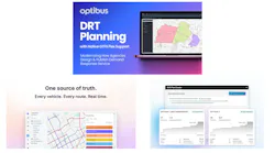A composite of three transit software platform marketing images. The top panel is from Optibus, showing a promotional graphic with a gradient blue-to-purple background featuring the Optibus logo and the text 'DRT Planning with Native GTFS Flex Support — Modernizing How Agencies Design & Publish Demand Response Service,' alongside a laptop displaying a color-coded zone map. The bottom-left panel is from Spare, showing a transit network map interface with the headline 'One source of truth. Every vehicle. Every route. Real time.' and a screenshot of a fixed-route bus service network map with named routes listed in a sidebar. The bottom-right panel is from Via, showing a Shift Plan Creator interface displaying two generated runcut options with metrics including total runs, average worked hours, and paid hours, alongside a predictive insight noting an expected ridership increase.
