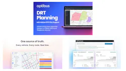 A composite of three transit software platform marketing images. The top panel is from Optibus, showing a promotional graphic with a gradient blue-to-purple background featuring the Optibus logo and the text 'DRT Planning with Native GTFS Flex Support — Modernizing How Agencies Design & Publish Demand Response Service,' alongside a laptop displaying a color-coded zone map. The bottom-left panel is from Spare, showing a transit network map interface with the headline 'One source of truth. Every vehicle. Every route. Real time.' and a screenshot of a fixed-route bus service network map with named routes listed in a sidebar. The bottom-right panel is from Via, showing a Shift Plan Creator interface displaying two generated runcut options with metrics including total runs, average worked hours, and paid hours, alongside a predictive insight noting an expected ridership increase. A composite of three transit software platform marketing images. The top panel is from Optibus, showing a promotional graphic with a gradient blue-to-purple background featuring the Optibus logo and the text 'DRT Planning with Native GTFS Flex Support — Modernizing How Agencies Design & Publish Demand Response Service,' alongside a laptop displaying a color-coded zone map. The bottom-left panel is from Spare, showing a transit network map interface with the headline 'One source of truth. Every vehicle. Every route. Real time.' and a screenshot of a fixed-route bus service network map with named routes listed in a sidebar. The bottom-right panel is from Via, showing a Shift Plan Creator interface displaying two generated runcut options with metrics including total runs, average worked hours, and paid hours, alongside a predictive insight noting an expected ridership increase.