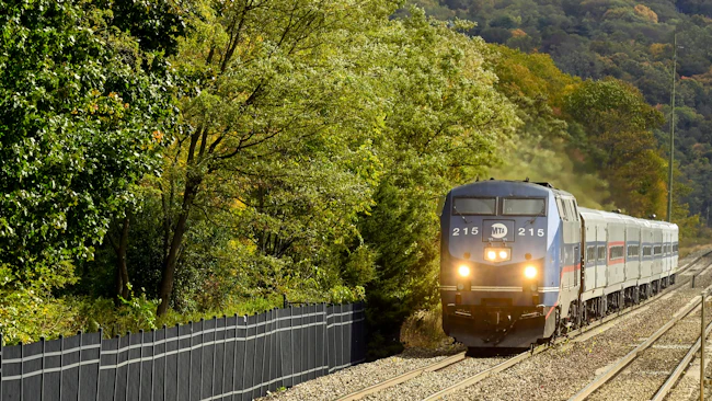 An MTA Metro-North Railroad locomotive, number 215, leads a passenger train along a wooded corridor in autumn. The blue and silver locomotive's headlights are illuminated as it approaches the camera, with a sound barrier wall running along the left side of the tracks and a tree-covered hillside in the background.