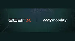 A dark teal partnership announcement graphic with a circuit board pattern in the background. The ECARX logo appears on the left in white with orange lettering, separated by a vertical dividing line from the May Mobility logo on the right in white.