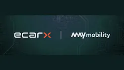 A dark teal partnership announcement graphic with a circuit board pattern in the background. The ECARX logo appears on the left in white with orange lettering, separated by a vertical dividing line from the May Mobility logo on the right in white. A dark teal partnership announcement graphic with a circuit board pattern in the background. The ECARX logo appears on the left in white with orange lettering, separated by a vertical dividing line from the May Mobility logo on the right in white.