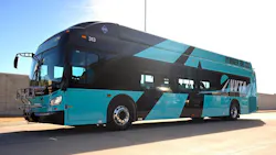 VVTA hydrogen bus with navy and sky blue bus wrap VVTA hydrogen bus with navy and sky blue bus wrap