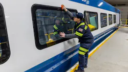 An Alstom employee working on an Amtrak Nextgen Acela train. An Alstom employee working on an Amtrak Nextgen Acela train.