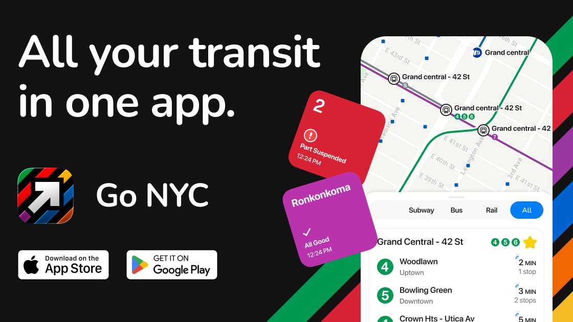 A promotional graphic for the Go NYC transit app reading 'All your transit in one app,' with App Store and Google Play download badges and a screenshot of the app showing a subway and bus map of Grand Central-42 St with real-time service alerts.