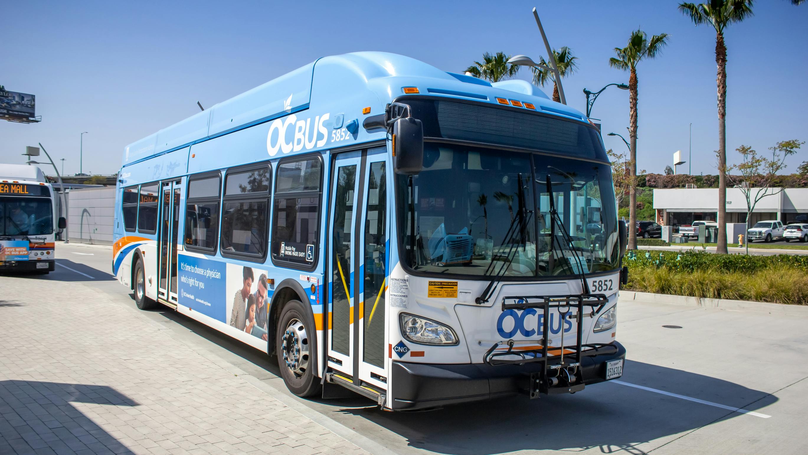 An OCBus parked in a lot at ARTIC, located in Anaheim, Calif.