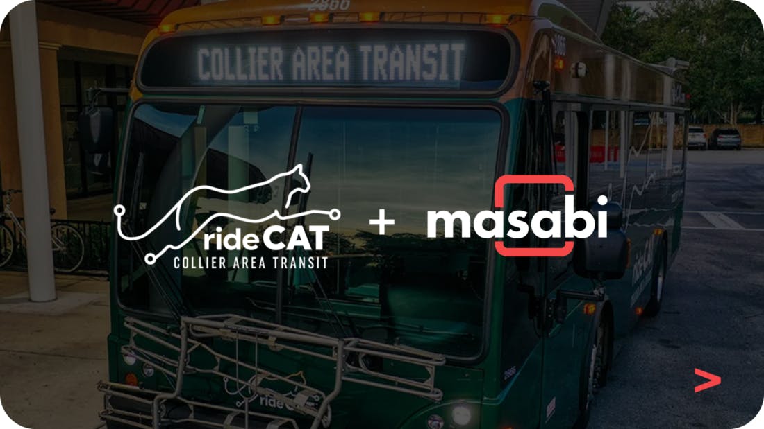 A promotional graphic for Collier Area Transit's partnership with Masabi, showing the rideCAT and Masabi logos joined by a plus sign, set against a darkened photo of a green Collier Area Transit bus with the agency name on its destination sign.