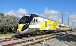 Brightline express train traveling south towards Miami with power lines in the background, as seen on March 14, 2020. Brightline express train traveling south towards Miami with power lines in the background, as seen on March 14, 2020.