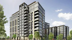 An architectural rendering of LCOR's proposed multi-family residential development at 5400 McGrath in North Bethesda's Parcel H, showing a mid-rise apartment building with brick and dark metal facades, ground-floor retail spaces, landscaped streetscape and pedestrians walking along the sidewalk.
