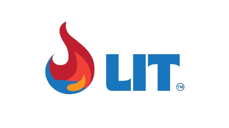 The LIT logo, with a stylized flame in red, orange and blue alongside the trademarked 'LIT' wordmark in blue capital letters.