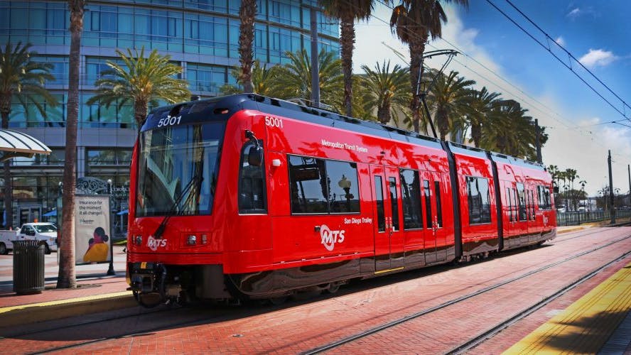 A San Diego Metropolitan Transit System trolley.
