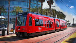 A San Diego Metropolitan Transit System trolley. A San Diego Metropolitan Transit System trolley.