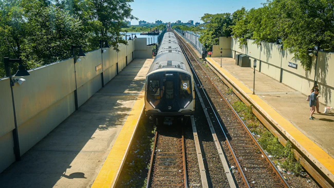 A new MTA R211 subway train enters Broad Channel station on the elevated Rockaway line as part of the Rockaway Park Shuttle's rolling stock upgrade, with Jamaica Bay marshland and a distant skyline behind.
