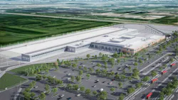 The image displays a rending of what the completed facility will look like—an airel view of the complex bearing a white roof.