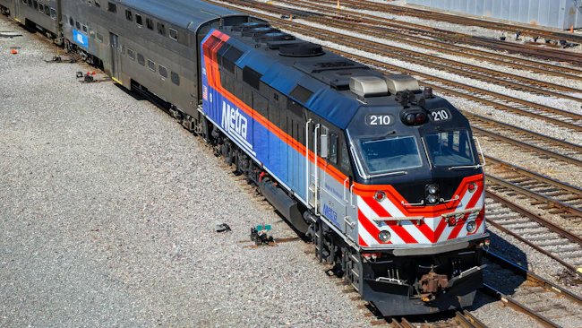 A Metra commuter train public transport at Union Station in Chicago.