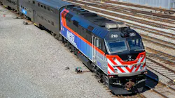 A Metra commuter train public transport at Union Station in Chicago.