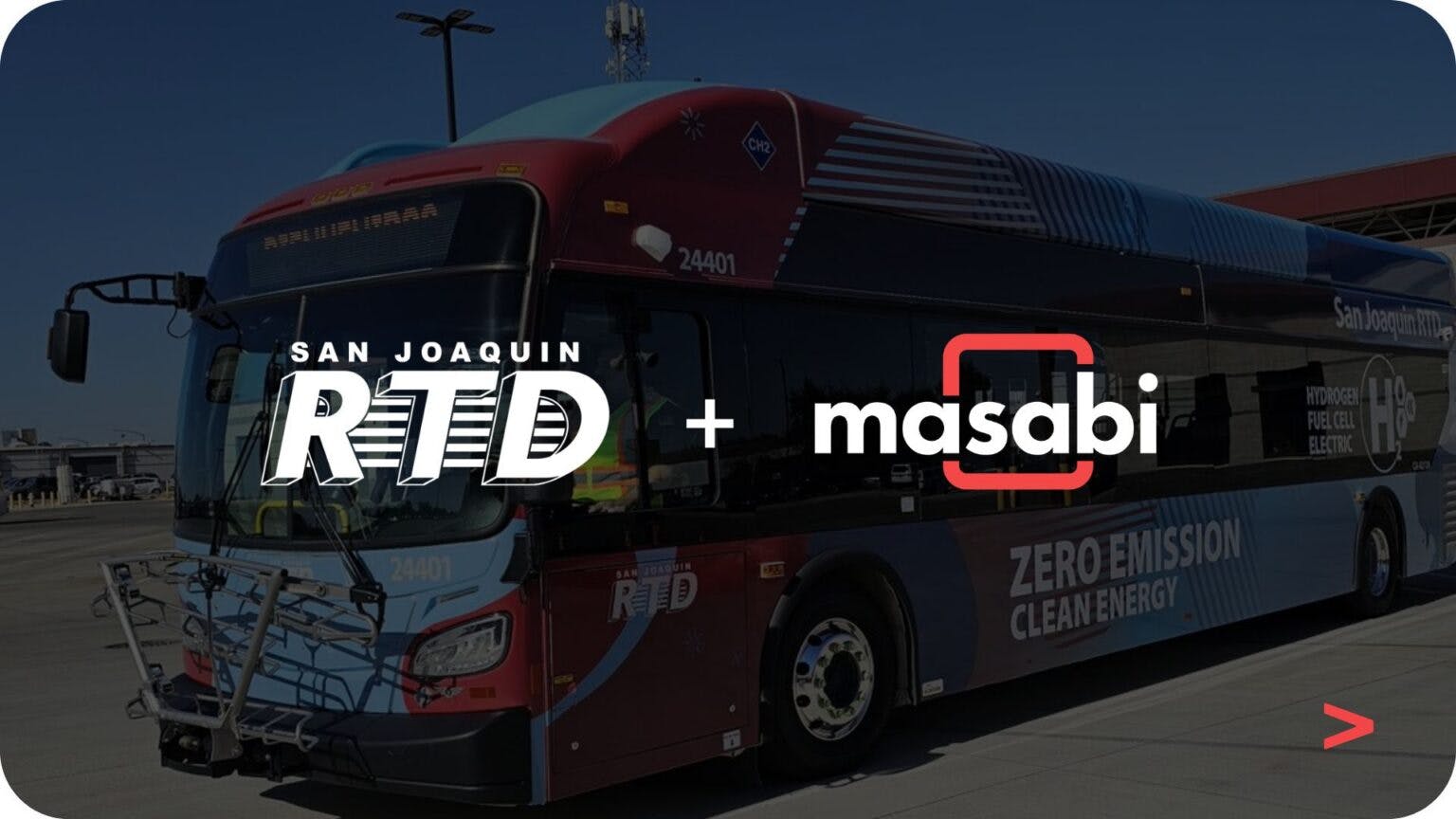 A graphic with the San Joaquin Regional Transportation District (RTD) and Masabi logos behind a San Joaquin RTD bus.