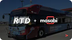 A graphic with the San Joaquin Regional Transportation District (RTD) and Masabi logos behind a San Joaquin RTD bus.