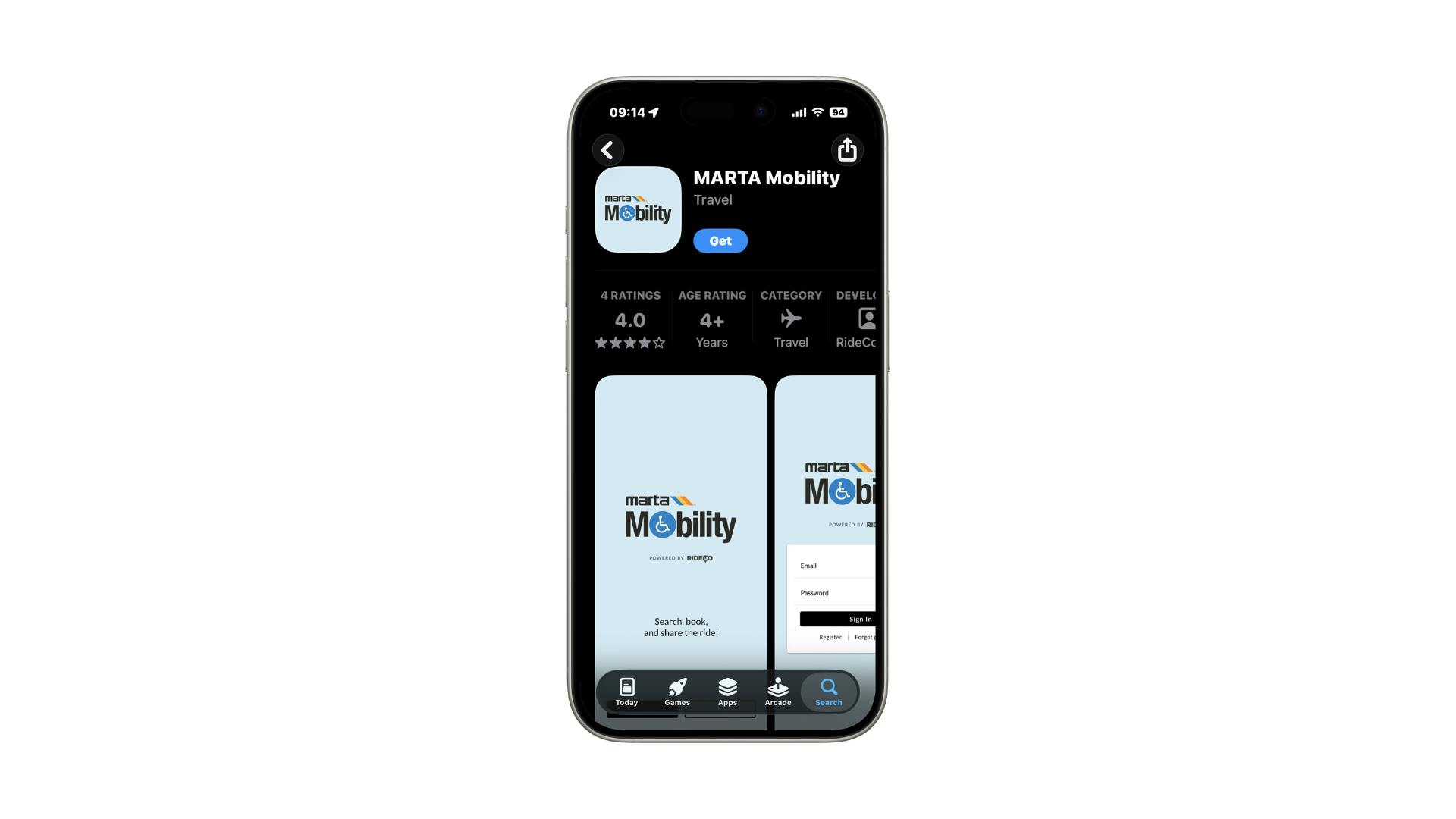 A smartphone displays the App Store listing for the MARTA Mobility paratransit booking app, powered by RideCo, showing a 4.0-star rating, 'Travel' category and preview screens with the tagline 'Search, book, and share the ride!'