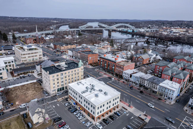 Aerial view of downtown Middletown, Connecticut. Drone shot of Middletown, Connecticut in winter