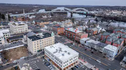 Aerial view of downtown Middletown, Connecticut. Drone shot of Middletown, Connecticut in winter