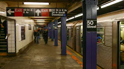 The Metropolitan Transportation Authority 50th Street Subway car station platform and passengers in mid-town Mahattan near the Broadway Theater District in New York City.
