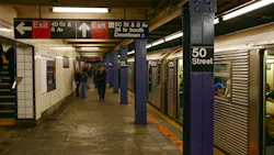 The Metropolitan Transportation Authority 50th Street Subway car station platform and passengers in mid-town Mahattan near the Broadway Theater District in New York City.