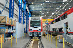 a new caltrain locomotive sits awaits final assembly