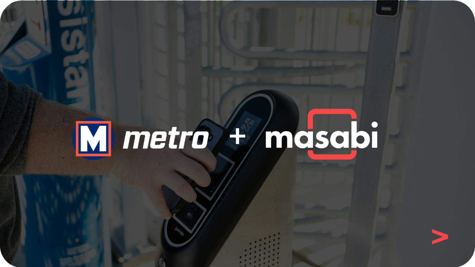 A promotional graphic displaying the logos of St. Louis Metro and Masabi side by side, overlaid on a background image of a hand holding a Justride fare validation device at a transit station.
