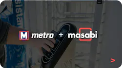 A promotional graphic displaying the logos of St. Louis Metro and Masabi side by side, overlaid on a background image of a hand holding a Justride fare validation device at a transit station.