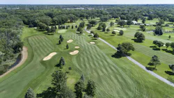 Aerial view of a suburban Chicago golf course with fairways and sand traps in Wilmette, Ill.