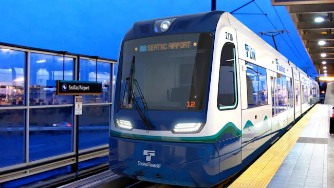 A Sound Transit Link light-rail car numbered 212A displays 'SeaTac Airport' on its destination board as it sits at the SeaTac/Airport station platform at dusk, featuring the agency's blue, white, and teal livery with LED headlights illuminated.