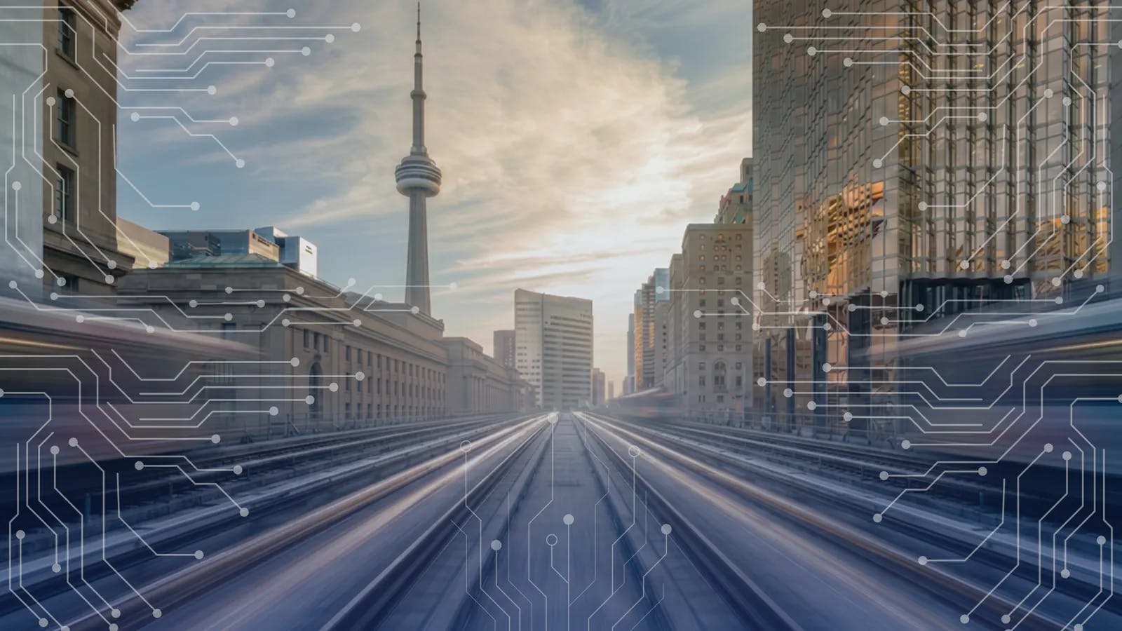 A promotional graphic for Hitachi Rail's TTC Line 2 project, featuring a perspective view down subway tracks toward the Toronto skyline with the CN Tower centered in the background, overlaid with white digital circuit board patterns symbolizing advanced rail technology and connectivity