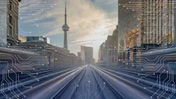 A promotional graphic for Hitachi Rail's TTC Line 2 project, featuring a perspective view down subway tracks toward the Toronto skyline with the CN Tower centered in the background, overlaid with white digital circuit board patterns symbolizing advanced rail technology and connectivity