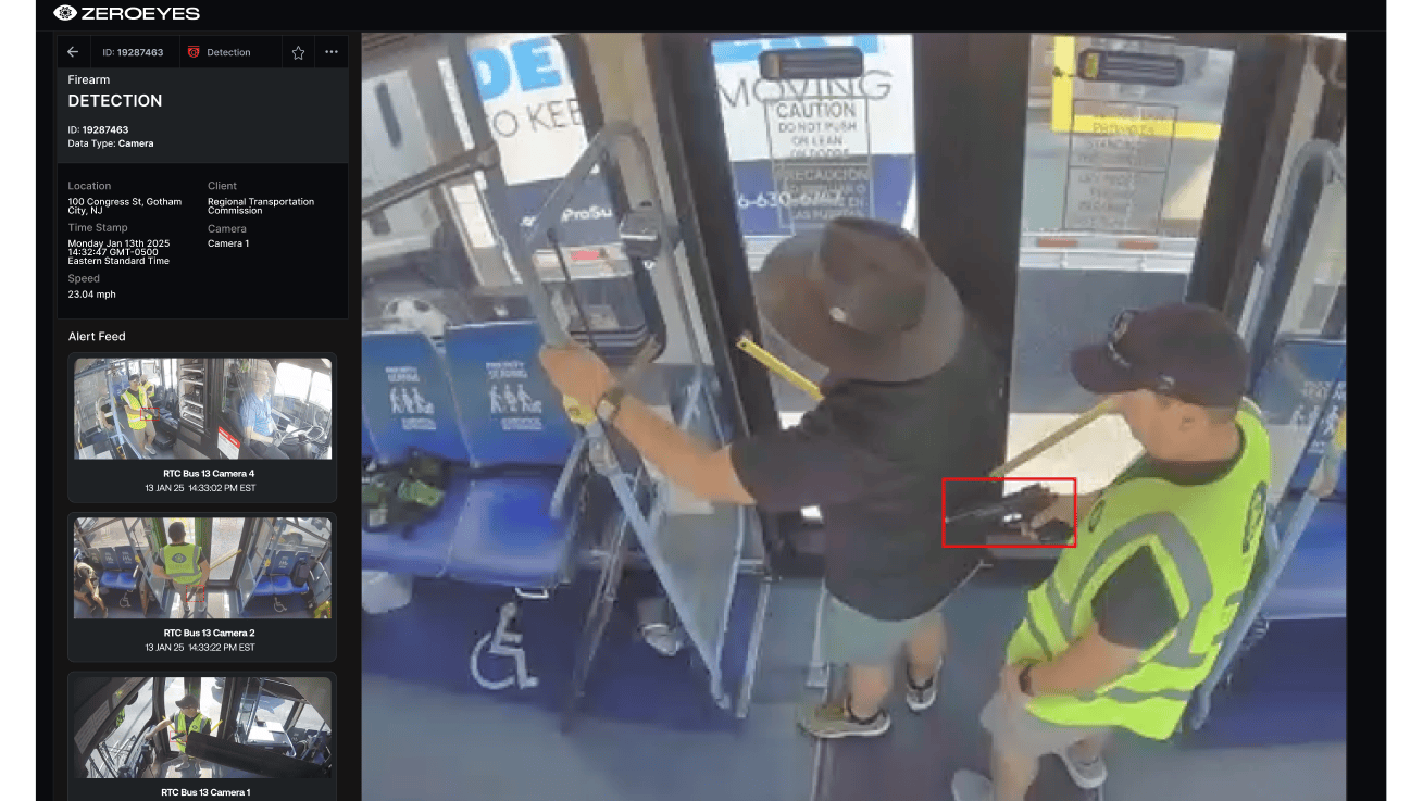 The image shows a screen capture of of the ZeroLink software displaying a main feed of a surveillance video highlighting a firearm being held by a passenger. Other event videos reside to the left of the main preview window.