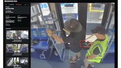 The image shows a screen capture of of the ZeroLink software displaying a main feed of a surveillance video highlighting a firearm being held by a passenger. Other event videos reside to the left of the main preview window.