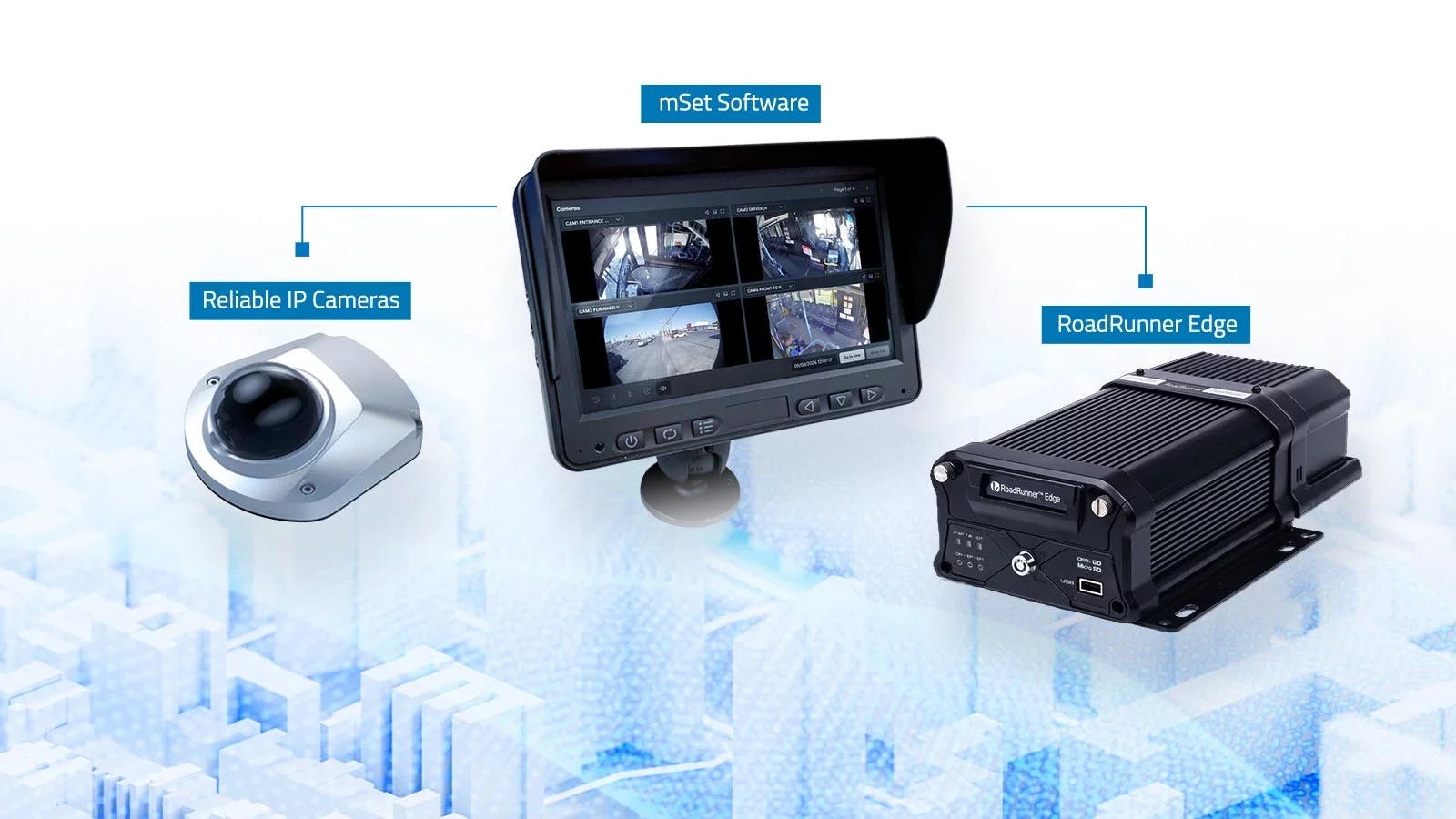 The image displays a camera, a video monitor and the RoadRunner unit on an abstract background.