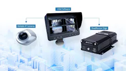 The image displays a camera, a video monitor and the RoadRunner unit on an abstract background.