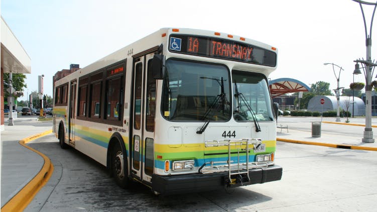 A city of Windsor Transit bus number 444 with a white exterior and green, yellow, and blue horizontal striped livery displays '1A Transway' on its destination board while stopped at a transit terminal, with a front-mounted bicycle rack and ADA accessibility symbol visible.
