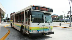 A city of Windsor Transit bus number 444 with a white exterior and green, yellow, and blue horizontal striped livery displays '1A Transway' on its destination board while stopped at a transit terminal, with a front-mounted bicycle rack and ADA accessibility symbol visible.
