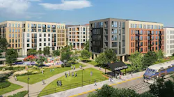 A Maryland Department of Transportation preliminary rendering of a transit-oriented development at Odenton MARC Station, depicting several mid-rise mixed-use residential buildings surrounding a landscaped green space with walking paths, a playground, and pedestrians, with a MARC commuter rail train visible at the station platform in the foreground.