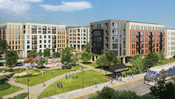 A Maryland Department of Transportation preliminary rendering of a transit-oriented development at Odenton MARC Station, depicting several mid-rise mixed-use residential buildings surrounding a landscaped green space with walking paths, a playground, and pedestrians, with a MARC commuter rail train visible at the station platform in the foreground.