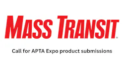 The mass transit logo is displayed over a line of text reading 'Call for APTA Expo product submissions.'