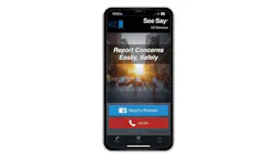 A smartphone mockup displaying the KC Streetcar's See Say safety reporting app, featuring the tagline 'Report Concerns Easily, Safely' and two call-to-action buttons — a blue 'Report a Problem' button and a red 'Call 911' button — powered by ELERTS Corp.
