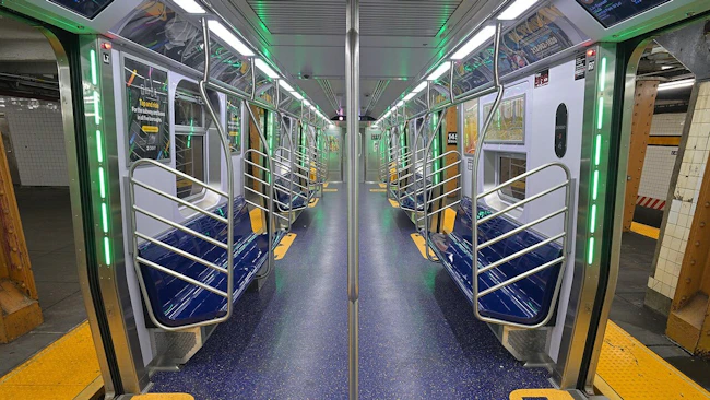 The interior of an empty MTA New York City Transit R211 subway car, featuring blue bench seating, stainless steel grab bars and poles, green LED accent lighting along the door frames, a blue speckled floor with yellow boarding arrows, and digital display screens, photographed at 145th Street station in June 2026.