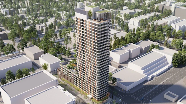 An aerial architectural rendering of a proposed 30-plus-story residential tower with balconies and ground-floor retail at the corner of Arbutus and Broadway in Vancouver, with the surrounding neighborhood shown in white massing model form and mature trees flanking the streetscape.