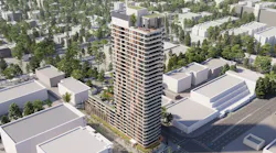 An aerial architectural rendering of a proposed 30-plus-story residential tower with balconies and ground-floor retail at the corner of Arbutus and Broadway in Vancouver, with the surrounding neighborhood shown in white massing model form and mature trees flanking the streetscape.