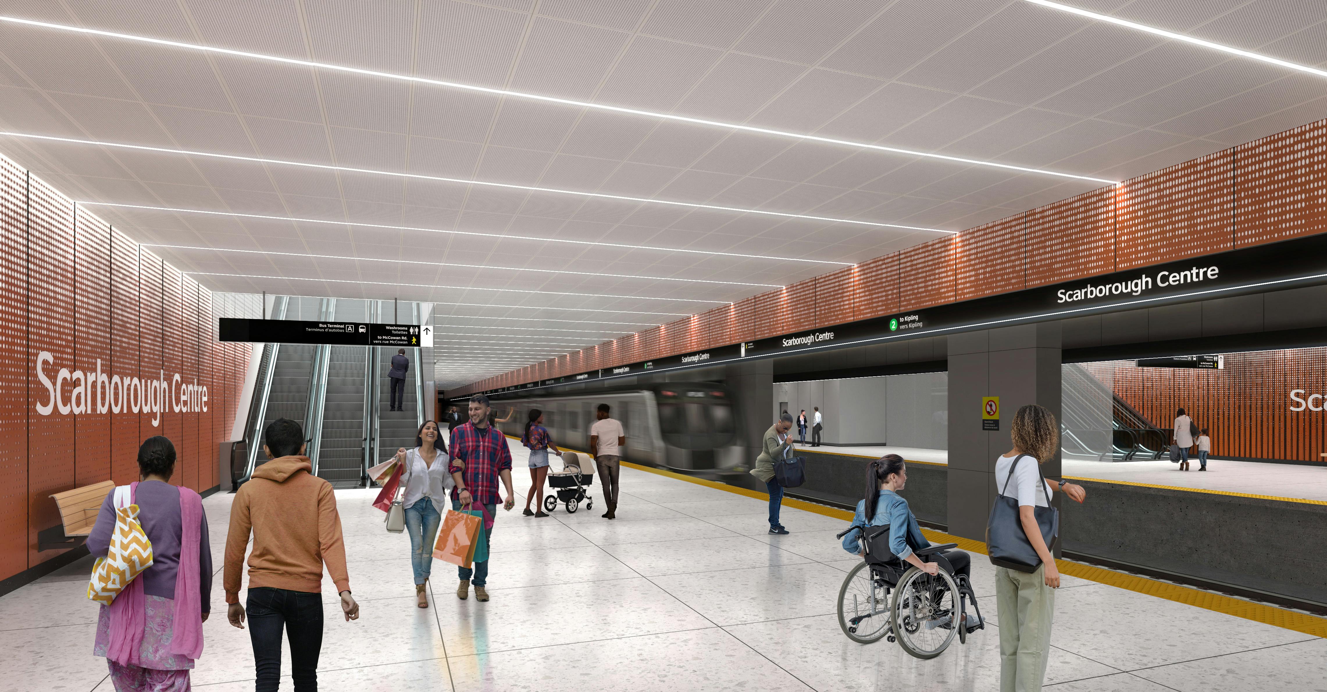 An initial concept rendering of the future Scarborough Center subway station platform on the TTC Scarborough Subway Extension, featuring warm terracotta-toned perforated wall panels, linear LED ceiling lighting, a yellow tactile platform edge, escalators, and diverse riders including a wheelchair user, with a subway train depicted passing through in motion blur.