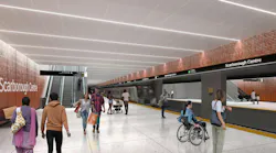 An initial concept rendering of the future Scarborough Center subway station platform on the TTC Scarborough Subway Extension, featuring warm terracotta-toned perforated wall panels, linear LED ceiling lighting, a yellow tactile platform edge, escalators, and diverse riders including a wheelchair user, with a subway train depicted passing through in motion blur.