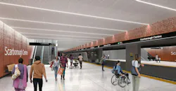 An initial concept rendering of the future Scarborough Center subway station platform on the TTC Scarborough Subway Extension, featuring warm terracotta-toned perforated wall panels, linear LED ceiling lighting, a yellow tactile platform edge, escalators, and diverse riders including a wheelchair user, with a subway train depicted passing through in motion blur.